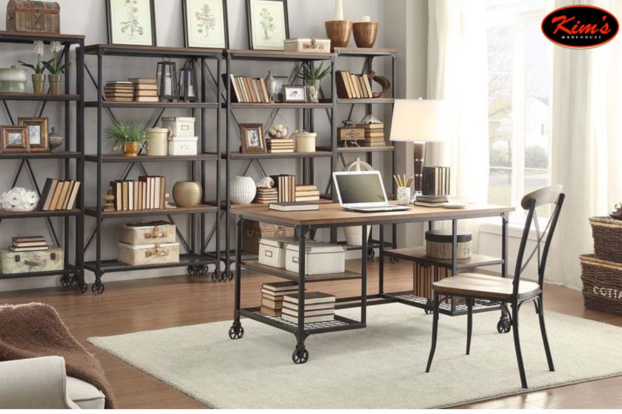 Wood And Metal Writing Desk Brown Black With Wheels Kims Warehouse